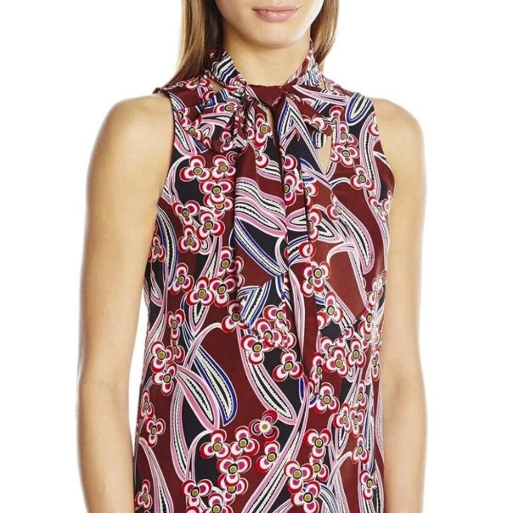 Trina Turk Paisley Floral Print Sassy Neck Tie 100% Silk Tank Top Blouse S